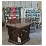 Vintage Hexagonal Dark Wood End Table & Lawnchairs