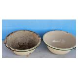 Vintage Enamelware Bowls Set of 2 Cream Green Trim