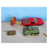 Vintage Toy Lot: Red Sports Car, 2 Military Tanks,
