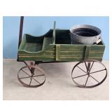 Vintage Green Wooden Wagon Planter with Galvanized