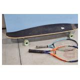 Longboard Skateboard and 2 Tennis Rackets Lot