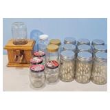 Lot of 12 Glass Jars with Lids and Wooden Dispense