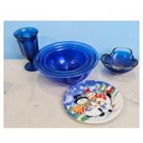 Vintage Blue Glassware Lot - Bowl, Vase, Ashtray &