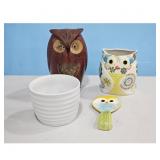Set of 4 Owl Themed Ceramic Decor Items