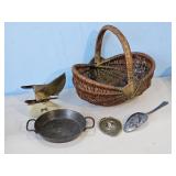 WICKER BASKET, SMALL TIN PAN , SMALL FRAMED
