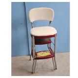 Vintage Kitchen Step Stool Chair Red White Chrome