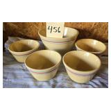PINK/BLUE BANDED CROCK BOWLS-MED. SIZE & 4 SMALLER