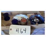 EARLY BLUE GLASS TOP HAT ASH TRAYS, BLUE DISH &