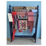 Vintage Quilt Rack with Assorted Quilts and Fabric