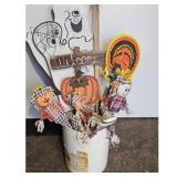 Fall Harvest Welcome Sign with Scarecrows, Pumpkin