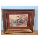 Framed Winter Barn Scene Painting