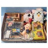 Vintage Toy Lot: Furby, Doll, Dominoes, Tin Toy &