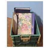 Binders and Assorted Office Supplies in Green Crat
