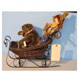 Wicker Sleigh with Teddy Bear and Scarecrow Doll