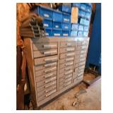Metal Parts Cabinet with Blue Storage Bins and Ass