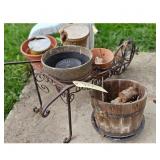 Rustic Metal Plant Stand with Pots and Wreath