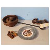 Vintage Lot: Pewter Plate, Wooden Sewing Shuttle,