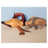 Wooden Duck Decoy, Bison Figurine, and Small Bird