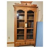 Antique Oak Glass Door Display Cabinet with Drawer