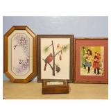Lot of 3 Framed Art Pieces and Wooden Box