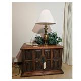 Vintage Oak Side Table with Lamp and Decorative Bo