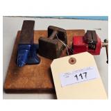 Miniature Anvil, Vise, and Weights Set on Wooden B