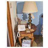 Oak End Table w/ Phone System & Brass Table Lamp