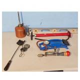 Hand Drill, Foot Pump, Oil Can, and Level Tool Lot
