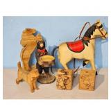 Wooden Toy Lot: Horse, Bear, Dog, Rearing horse, a