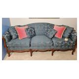Blue Damask Sofa with Pink Accent Pillows