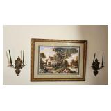 Vintage Framed Landscape Painting with Ornate Wall