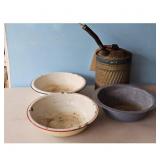Enamelware Bowls and Metal Gas Can Lot