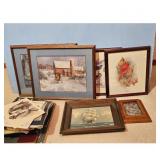 Several Framed Art Prints - Barn, Ship, Birds, Owl