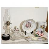 Vintage Oil Lamp, Decorative Plates, Pitcher & Coa