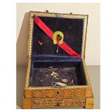 Antique Wooden Jewelry Box with Ornate Inlay and C