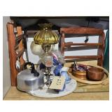Vintage Kettle, Lamp, and Blue Ceramic Set
