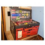 Vintage Red Metal Toolbox with Assorted Tools