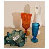Art Glass Vases and Murano Bowl Set - Teal, Orange