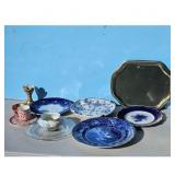 Flow Blue and White Porcelain Plates and Cup Set