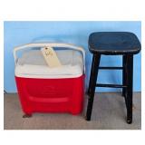 Igloo Red White Cooler & Black Wooden Stool Lot