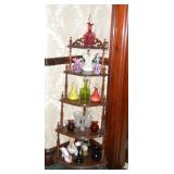 Corner what-not w/ cruets, etc 