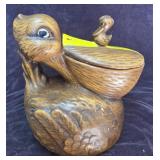 Pelican Cookie Jar with Baby Pelican Paint Worn