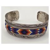 Native American Beaded & Sterling Cuff Stamped F