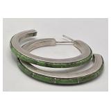 Green Turquoise Hoop .925 Silver Earrings 1 1/2'