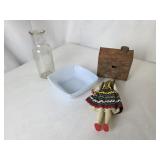 Antique Log Cabin Can, Folk Doll, Utility Bottle,