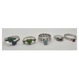 NA Made Rings Lot of 5 Various Stones Some Silver