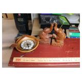 WOODEN ELEPHANT BOOKENDS & WOODEN BOWL CLOCK
