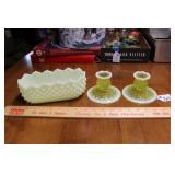 FENTON HOBNAIL CANDLE HOLDERS AND OBLONG PLANTER