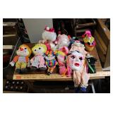 BOX OF ASSORTED CLOWNS, STUFFED, MASK, MUSIC BOX
