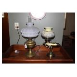 2-OIL CONVERTED ELECTRIC LAMPS - ONE FENTON SHADE